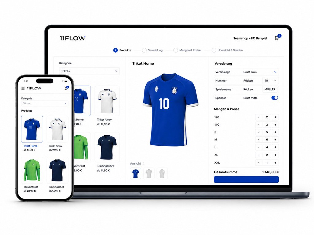 11FLOW Teamsport-Konfigurator auf Laptop und Smartphone mit Trikot, Veredelung, Mengen und Preisen